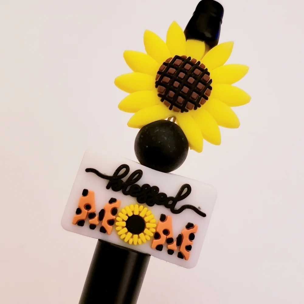 Handmade Blessed Mom Sunflower Beaded Silicone Focal Bead Pen